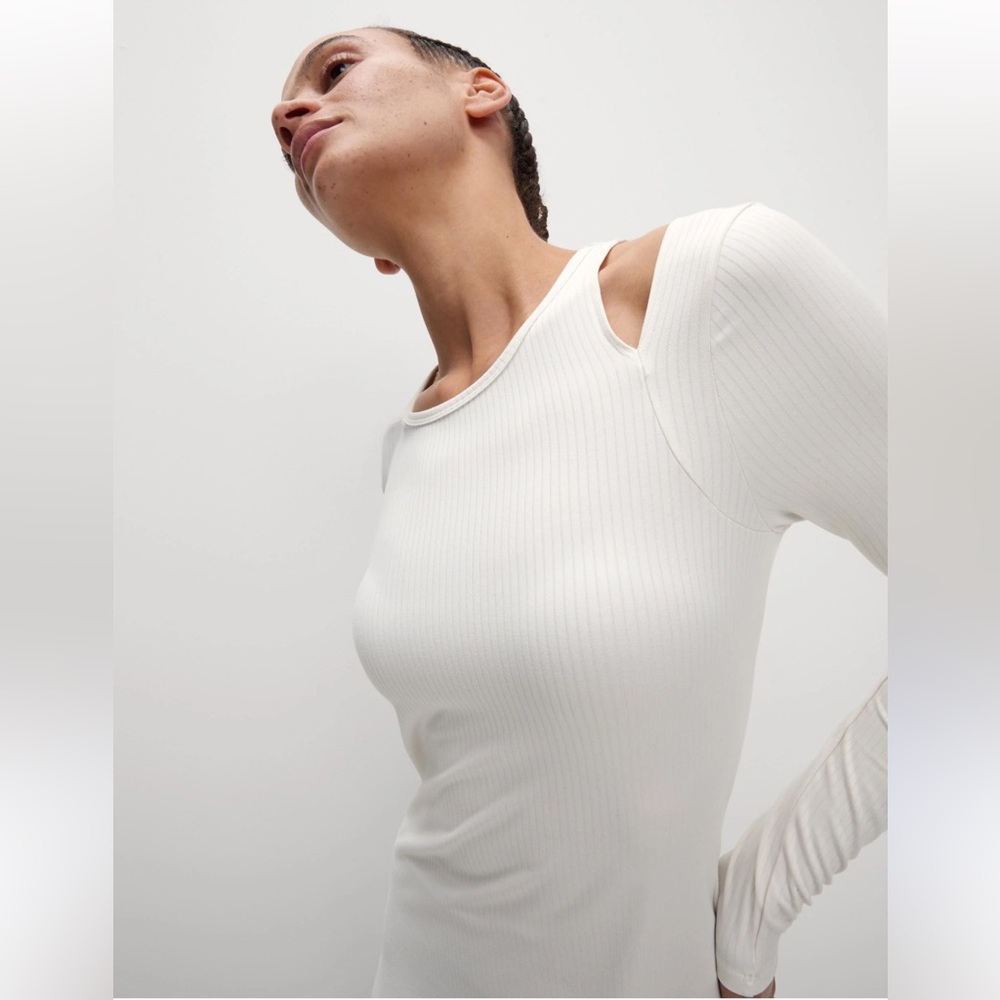 Zara White Ribbed Long Sleeve Top with Peep Shoulder